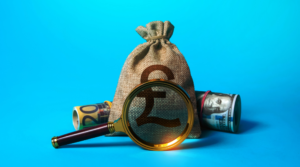 a bag of money with magnifying glass on a blue background